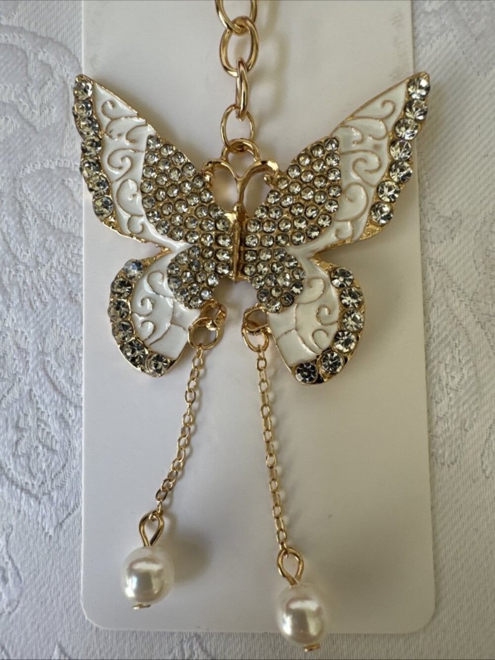 Bag Keychain White Gold Tone Butterfly Rhinestone Bag Charm Pearl Keyring NEW